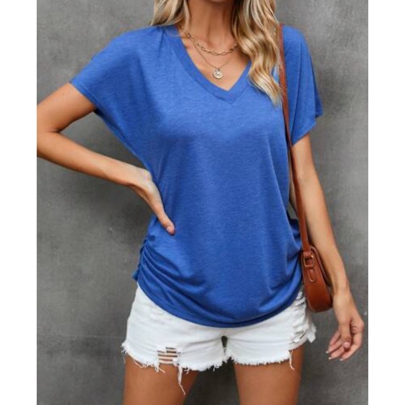 Miusey Tops - Womens Blue V-Neck Ruched Side Short Sleeve T-Shirt Size M Relaxed Fit Tee